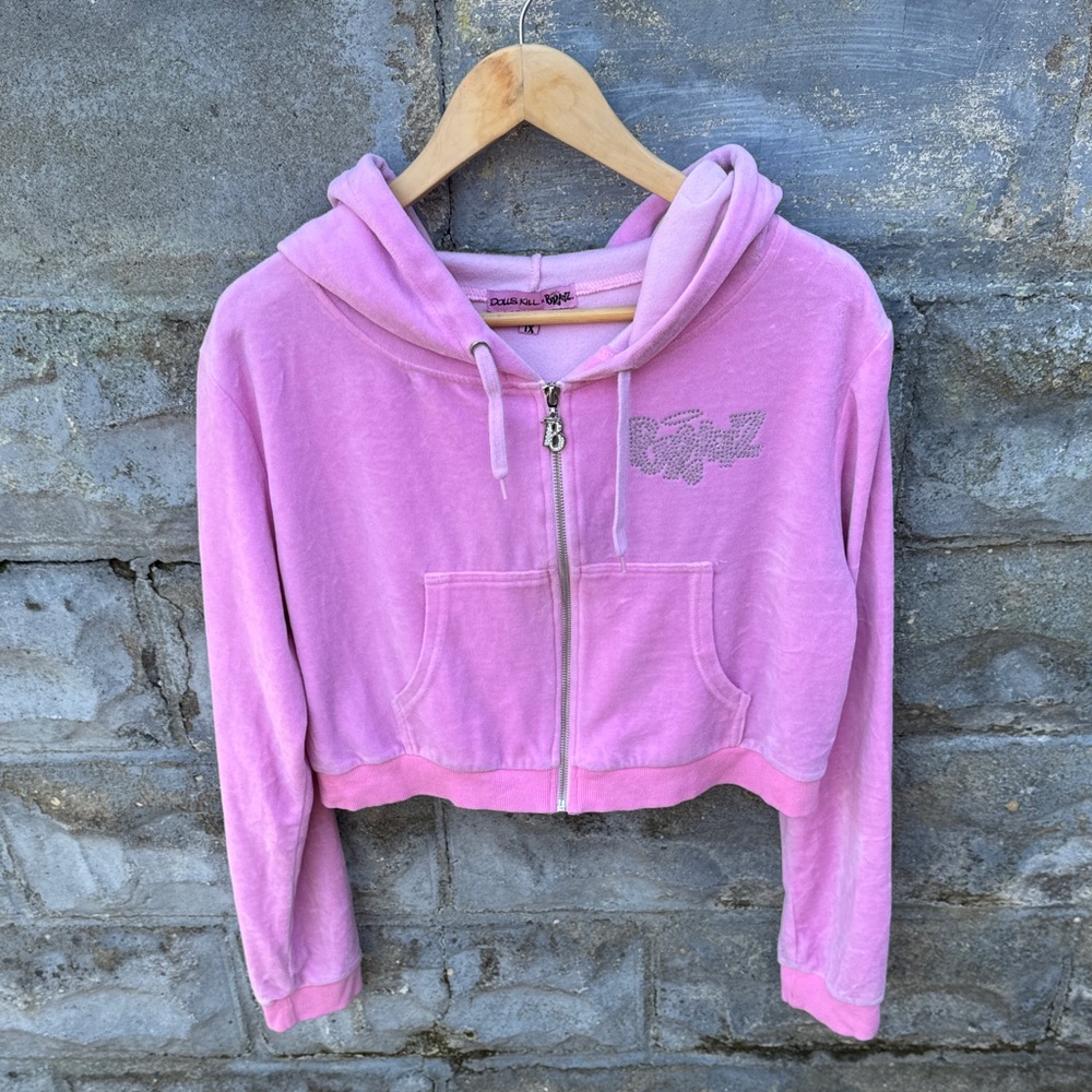 Dolls Kill X Bratz Pink Cropped Velour Zip Up Hoodie Size XL Y2K Bling Juicy